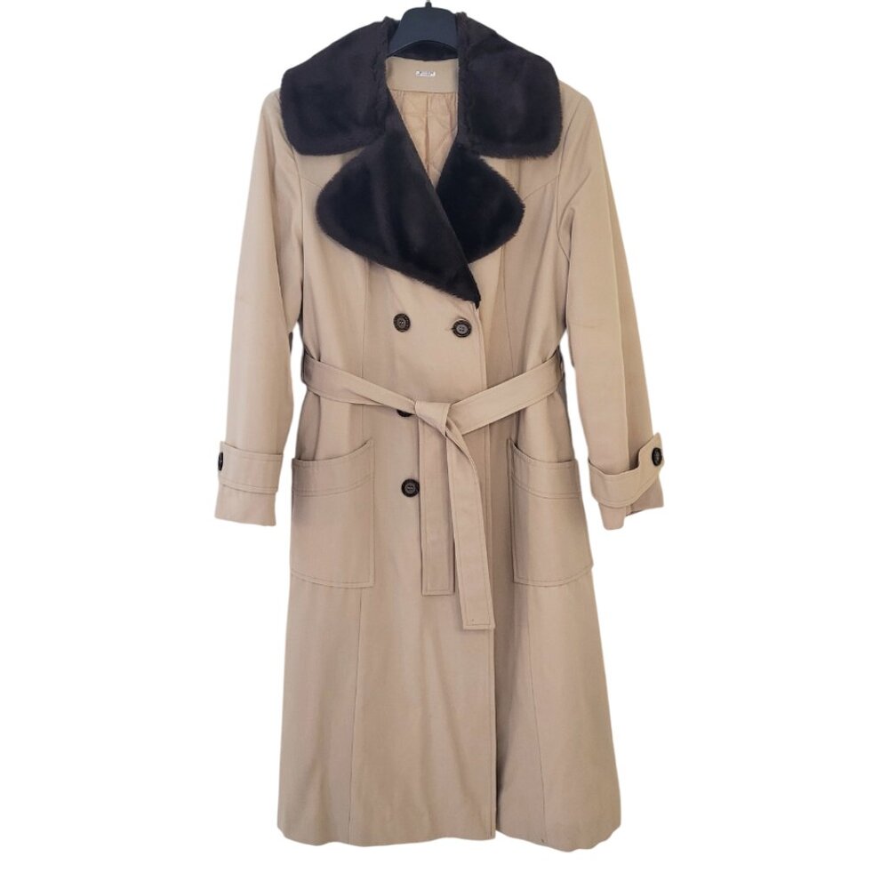 Vintage Beige Trench Coat Quilted Winter Faux Fur Collar Unisex Style MED/LG